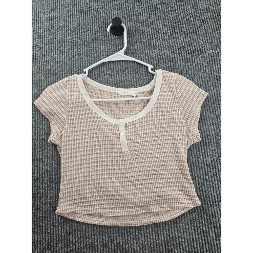 Waffle Knit Henley Crop Top M Women’s Beige Cream Soft Stretch CasualMinimalist